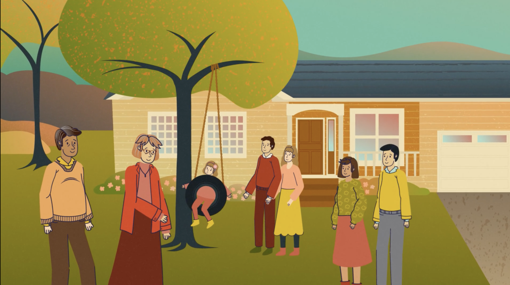 Illustrated three-generation family spending time near their decades-old tree in the front yard