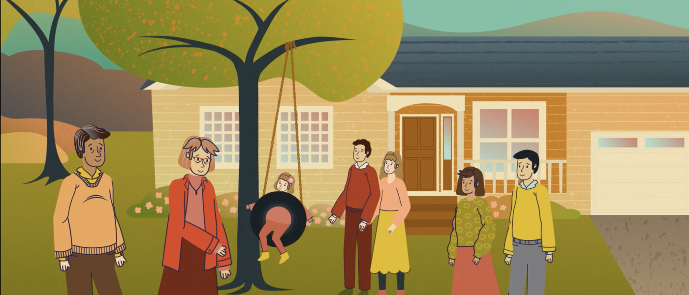 Illustrated three-generation family spending time near their decades-old tree in the front yard